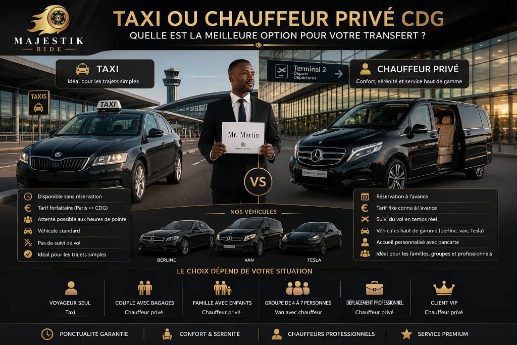 Comparatif taxi et chauffeur privé CDG : tarifs, différences et aide à la décision pour choisir le bon transfert aéroport Roissy