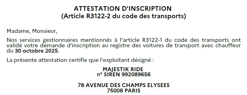 Attestation registre VTC Majestik Ride